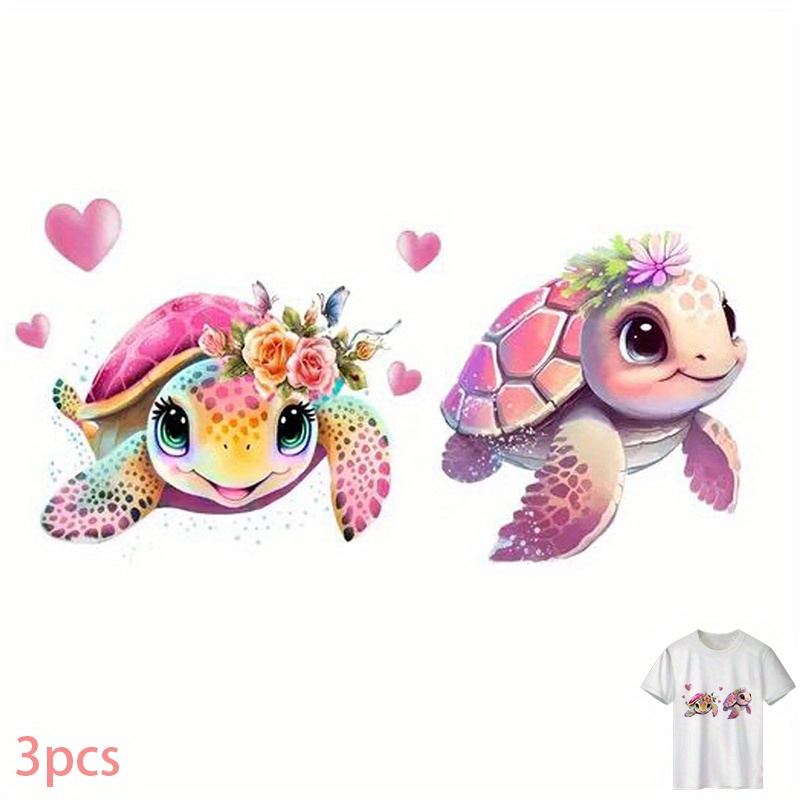 E-shop 3er-Set, Hochauflösende 3D-T-Shirt-Aufkleber mit Süßem Schildkrötendesign und Blumenkopfbedeckung - Geeignet für Rucksäcke, Kissen, Hosen,
