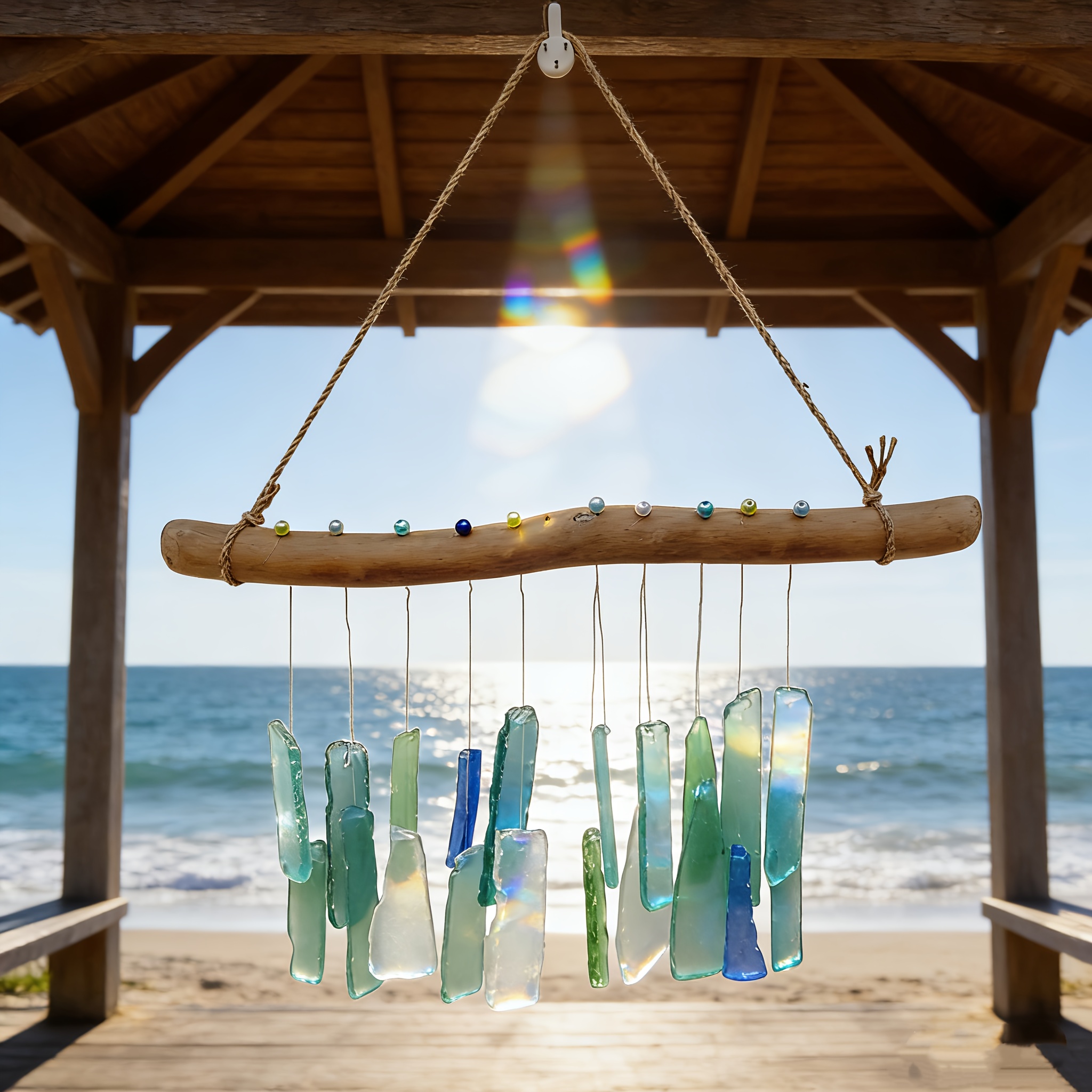 1pc of random style handmade sea glass driftwood wind chime seaside nautical style hanging decoration suitable for     doors and windows an ideal gift for women