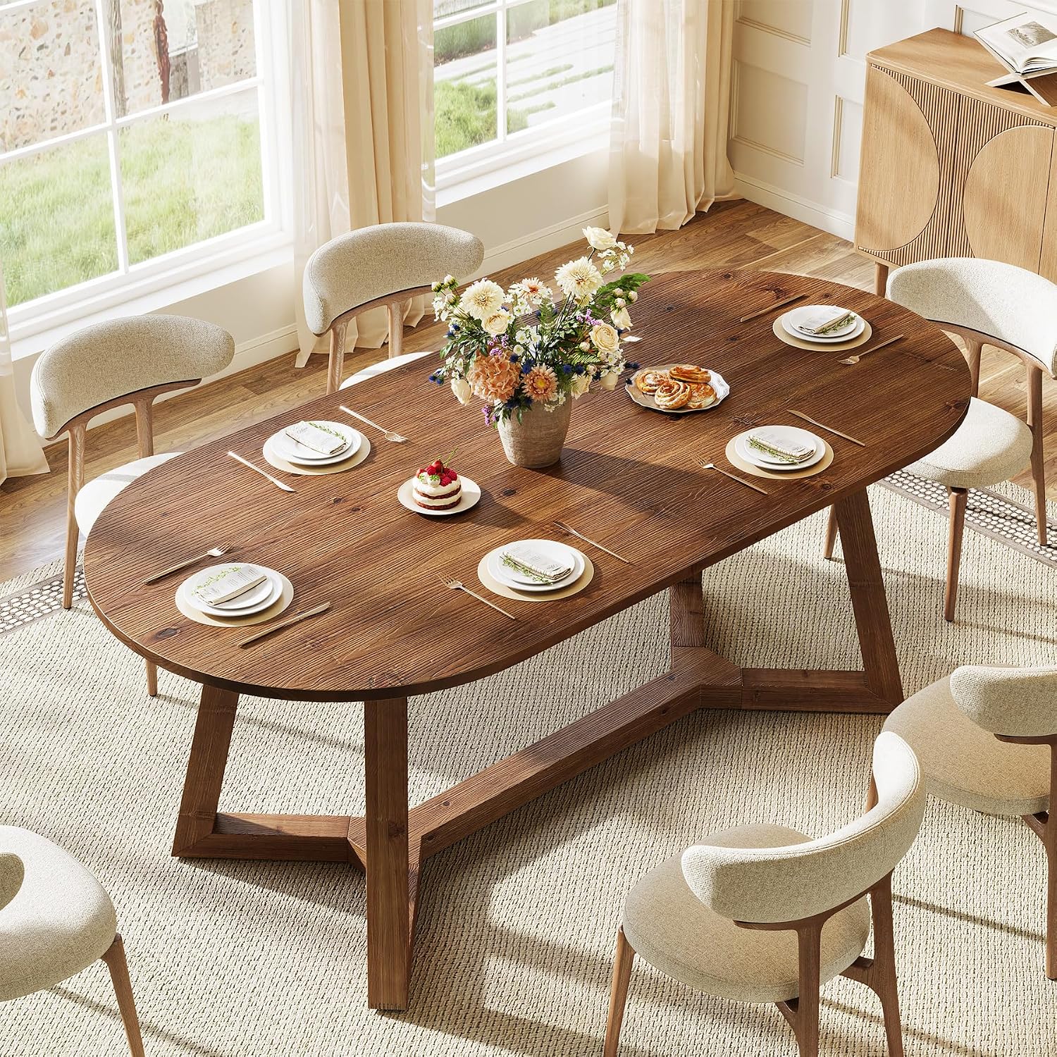 63" Solid Wood Oval Dining Table Suitable For 4-6 People, Kitchen Table With Sturdy Base & Wood Top, Rustic Base For Living Room, Dining Room, Apartment -