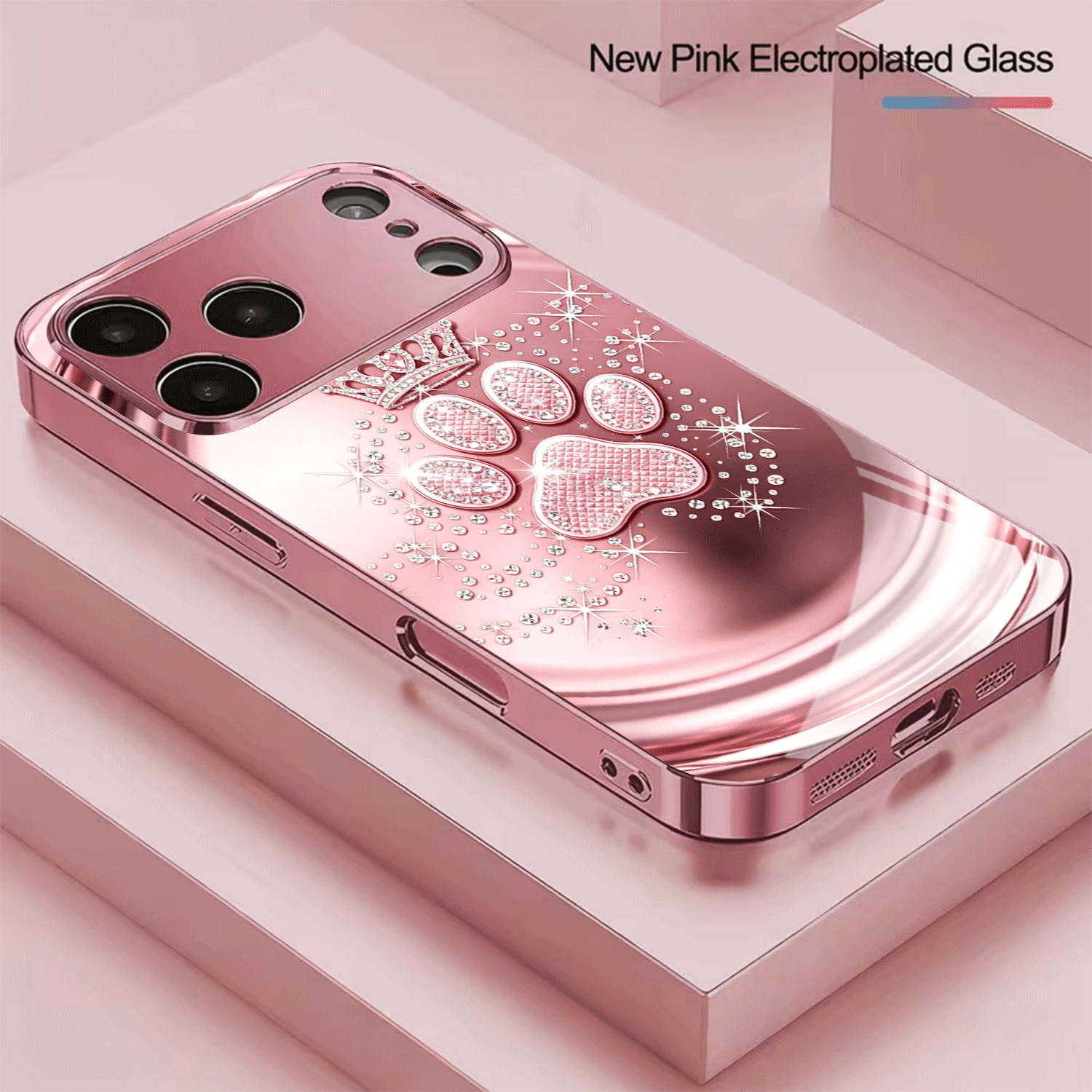 TEMU Phone Case - Light Luxury Print Pattern Electroplated Pink Tempered Glass Phone Case Suitable For Iphone