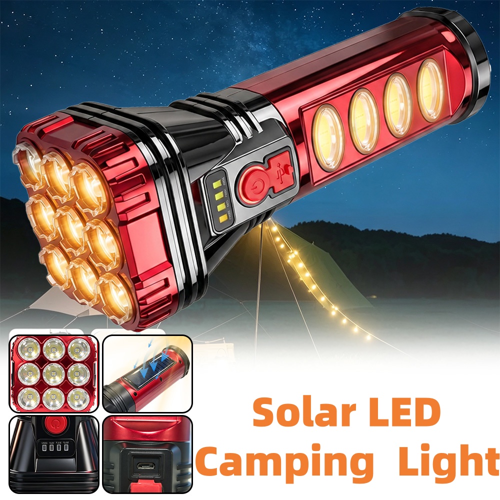 TEMU [9led Solar Camping Flashlight] Solar Camping Light Bright 5mode Tactical Cob Work Lightwith Portable Rechargeable Usb Led Flashlight Torch Long