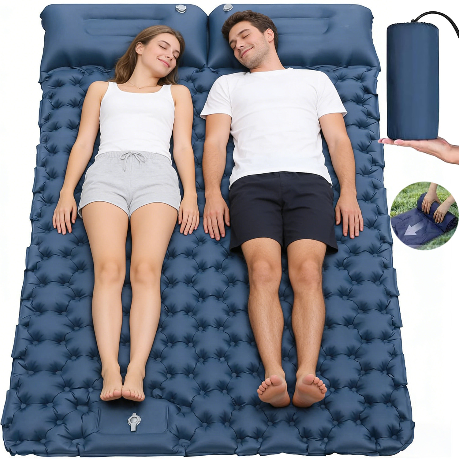 Image of Inflatable Inflatable Sleeping Pad For 2 People With Pillows Built-in Foot Pump For Camping Hiking Traveling Backpacking