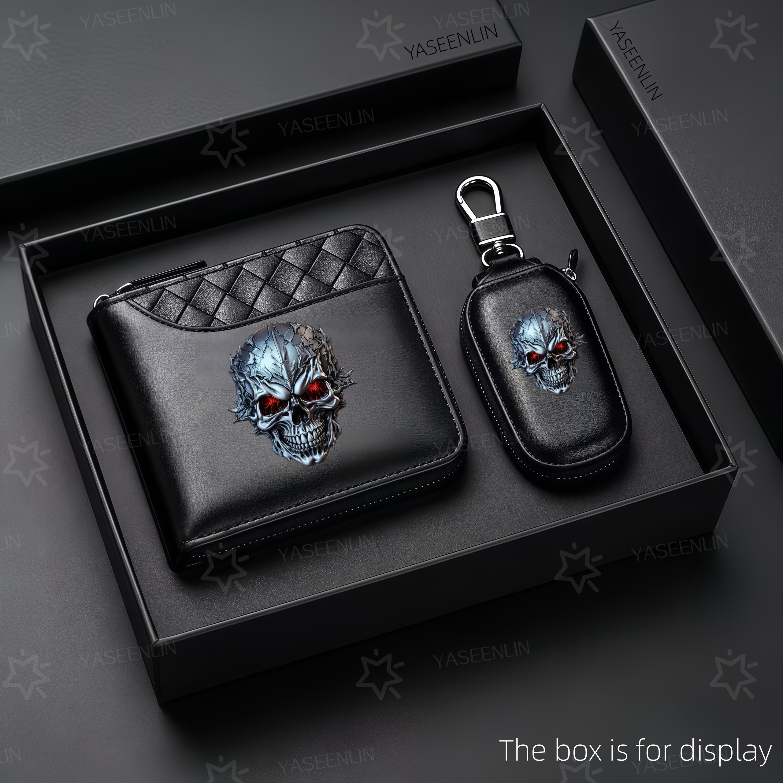 TEMU Yaseenlin 2pcs [2d Printed Design - Not Textured] High-end Men' Wallet With Heavy Metal Skull Print - With A Car Key Pouch - Black Crocodile
