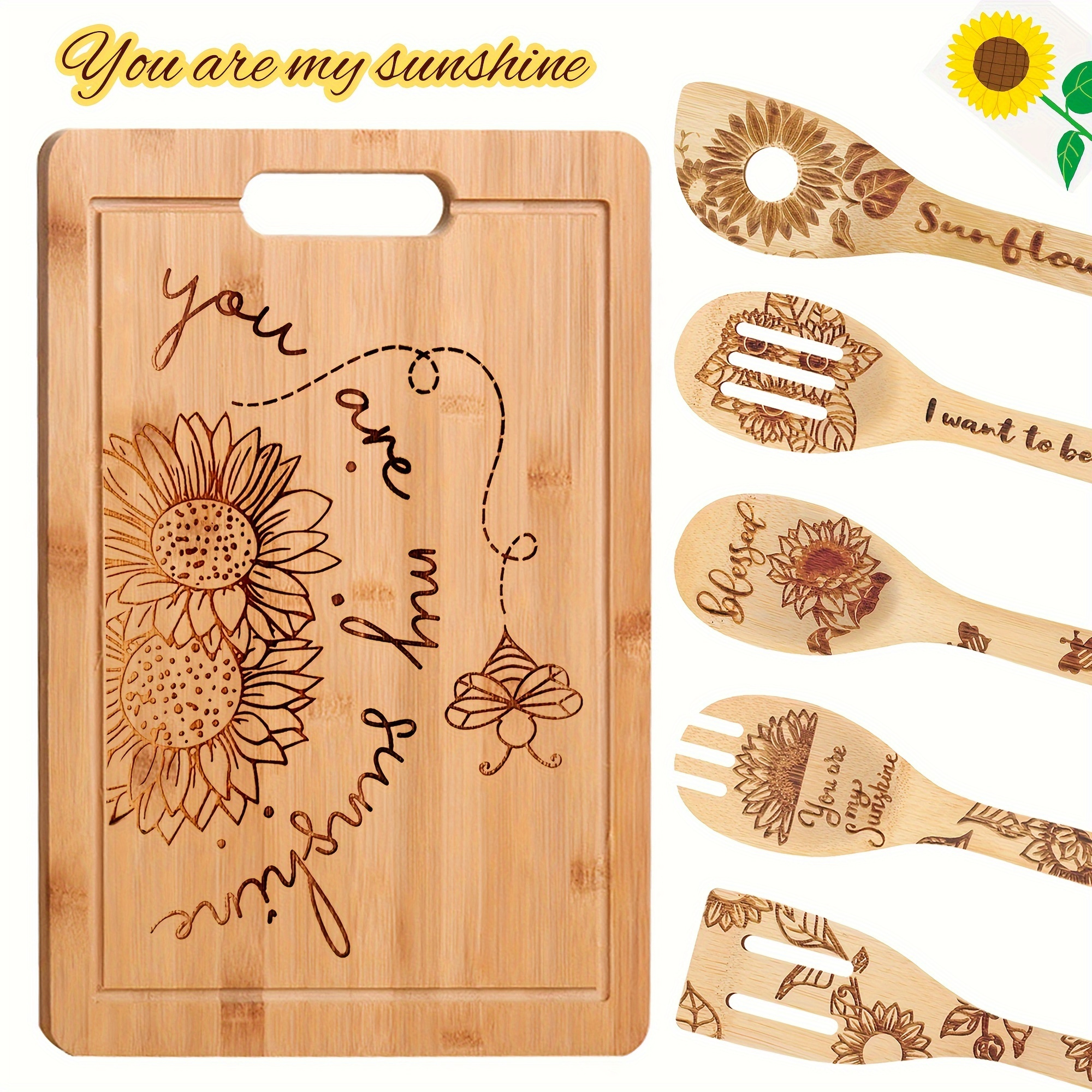 sunflower kitchen gift cutting board and cooking spoon set 5 pieces sunflower wood carving utensils and 1 piece bamboo cutting board kitchen supplies home decoration halloween christmas gift