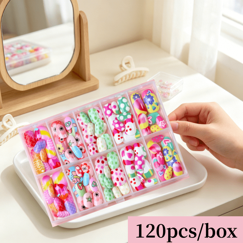 TEMU 120 uñas postizas kawaii de cobertura total para uso diario de mujer - Uñas postizas de presión hechas a con acabado , set de uñas multicolor