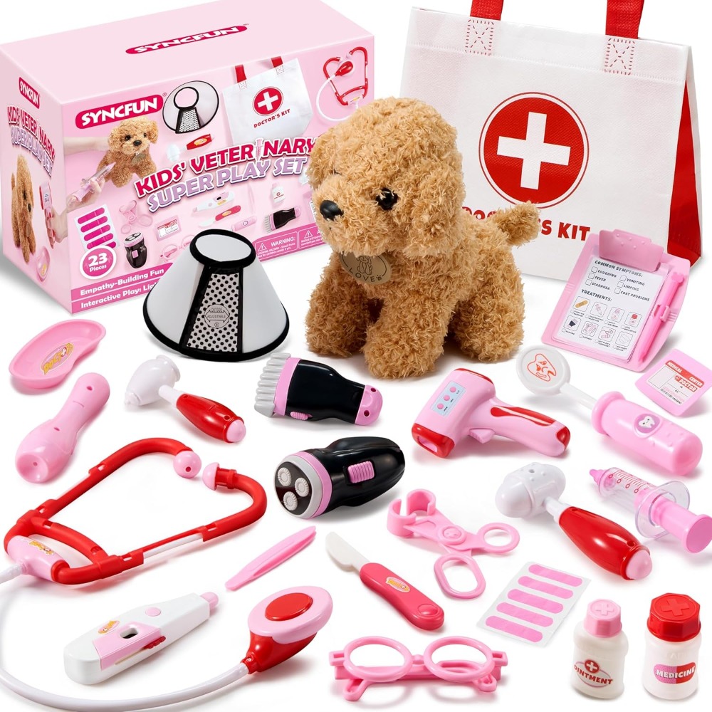 TEMU SYNCFUN Kit de cadeau de Noël pour filles, 22 pièces Jeu de vétérinaire pour enfants, Kit vétérinaire avec jouet pour chien, stéthoscope, sac de