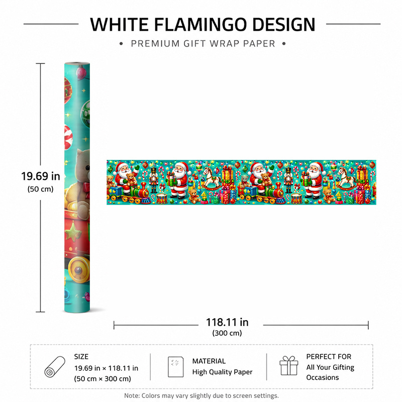 TEMU 1 Rouleau 50x300cm (19.7x118.1in) d'Hiver Supérieur pour Fête de Noël, Papier d'Emballage Cadeau avec Cadeaux Colorés, Ornements et un Père Noël