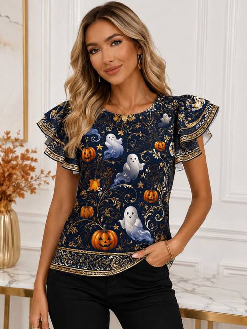 item picture womens halloween ghost and pumpkin print ruffle sleeve top casual boho tee