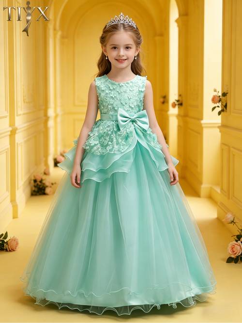 Mint Green Sleeveless 3d Floral Tiered Tulle Flower Girl Dress Princess Gown for Girls 4-16 Wedding Pageant Birthday Halloween Christmas Easter New Year