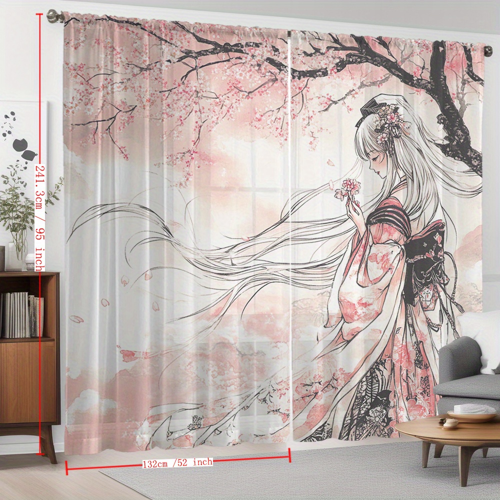 TEMU 2pcs Kimono traditionnel japonais femme et rideaux transparents imprimés de - Décoration , , , , et , rideaux de salon