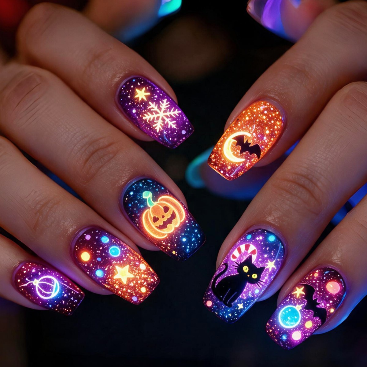 TEMU 24pz Unghie Finte a Pressione per Natale e Halloween, Unghie Quadrate Cielo Stellato con Motivi , Pipistrello, Zucca e di , Unghie Rimovibili a