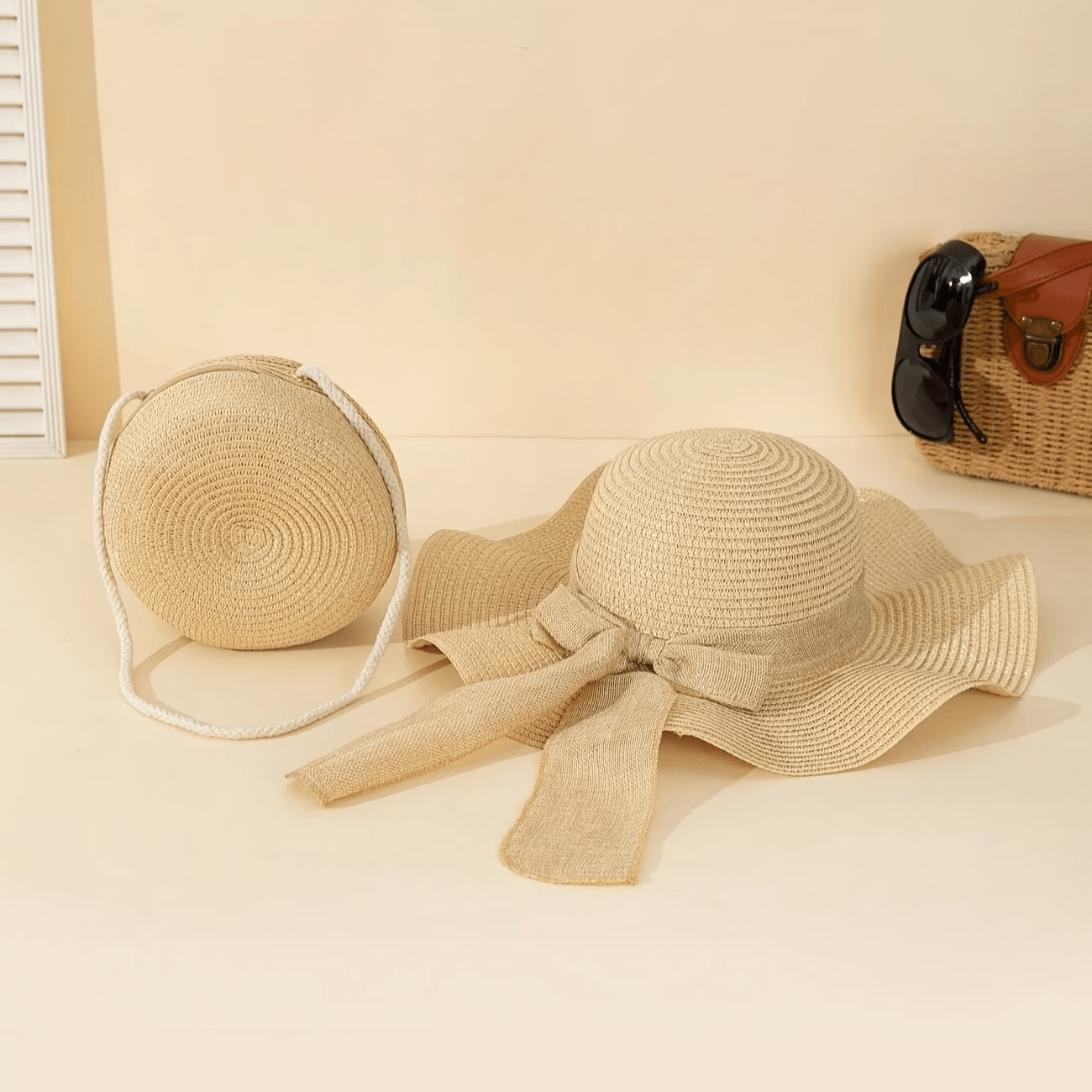 TEMU Juego de 2 piezas: de con de calidad para mujer de estilo bohemio con bolso cruzado tejido. Juego de bolso para mujer, sombrero de sol, visera,