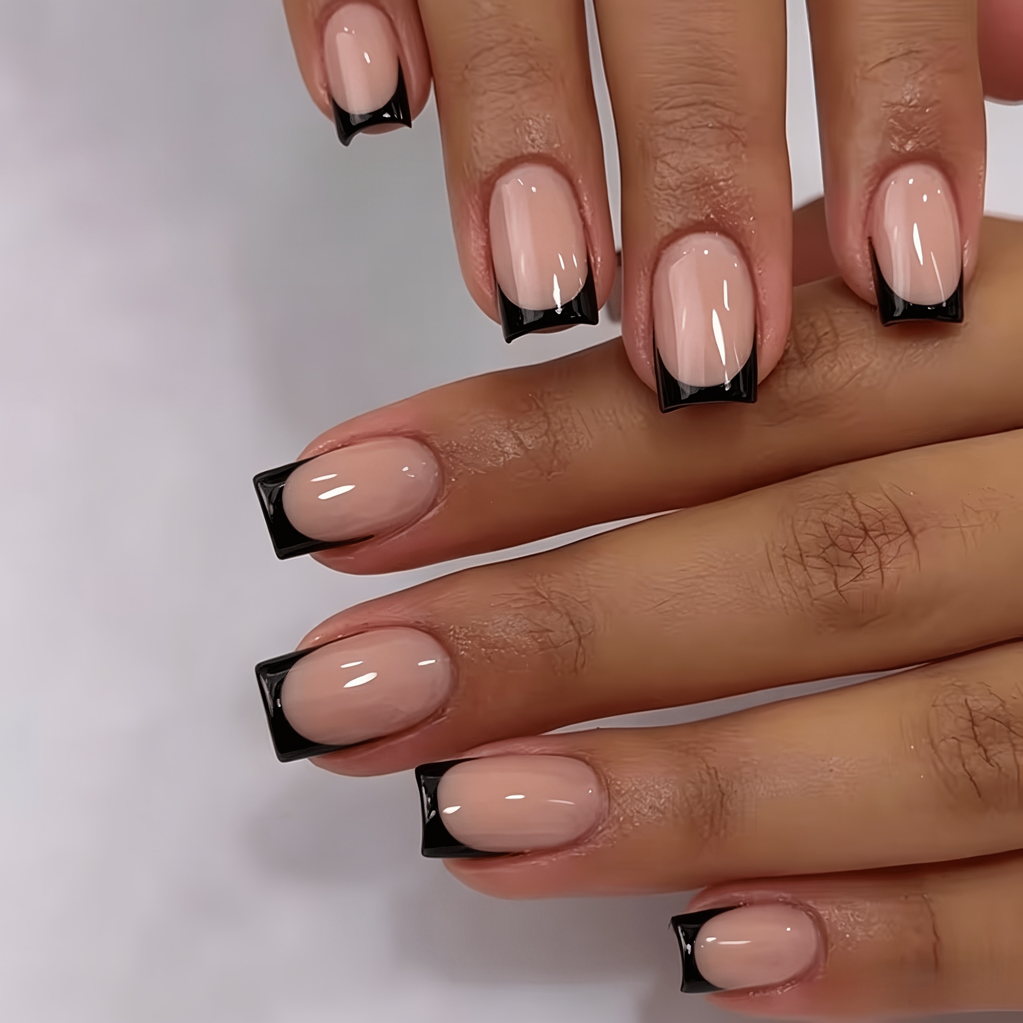 TEMU 30pcs Short Square Modified U-shaped Skin Black -on Nails, Translucent Base With Micro-arc Black French Edge, Glossy Full Coverage Detachable
