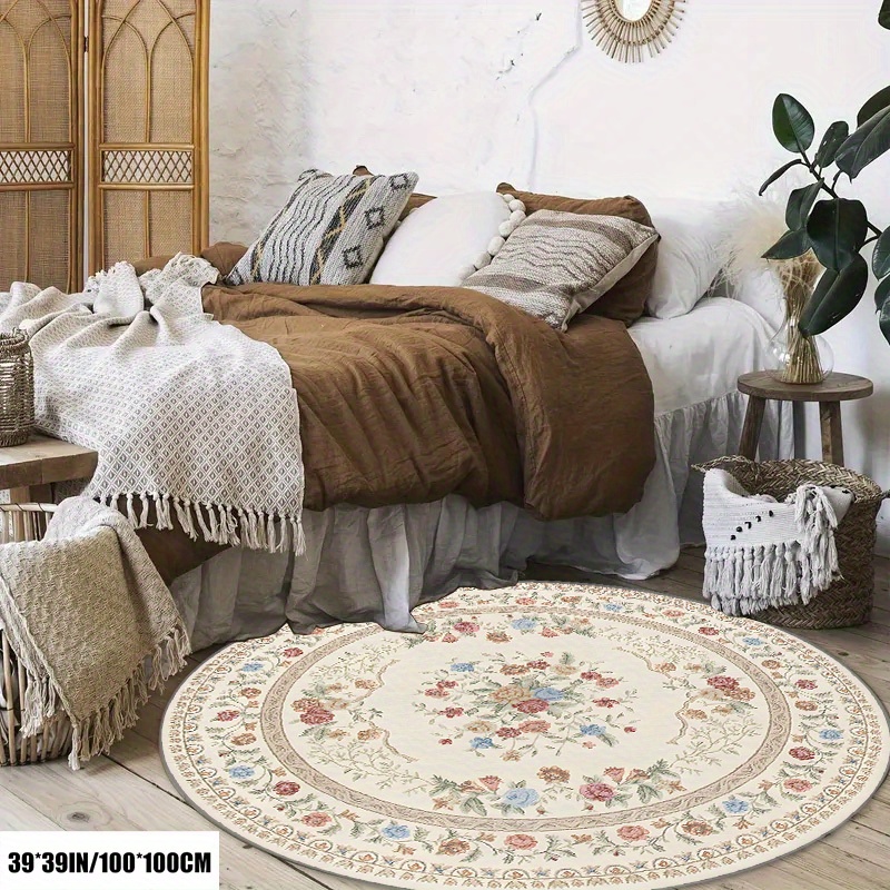 TEMU Vintage Floral Round Mat - Soft Imitation Cashmere, 1050g/mÂ², 10mm Thick, Machine Washable, Bohemian Style, Perfect For Bedroom, Outdoor Patio,