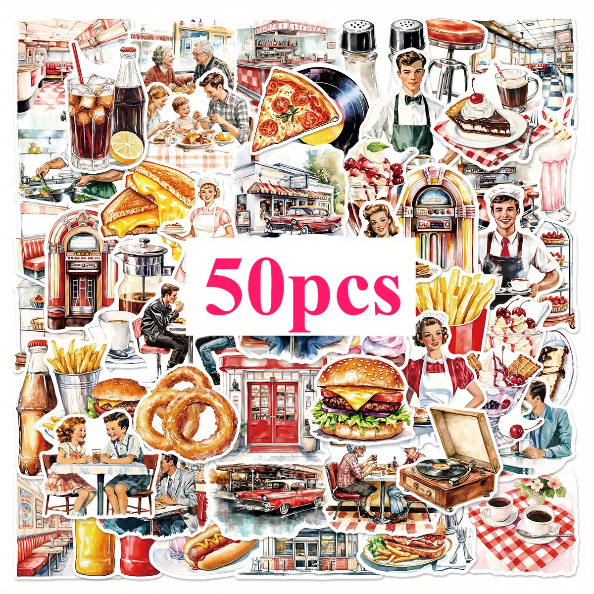 Image of 50pcs Vintage Restaurant Series Stickers, Suitable For Scrapbooking, Journals, Laptops, Water Bottles, Cars And More With Faith-based Designs Featuring Positive Messages
