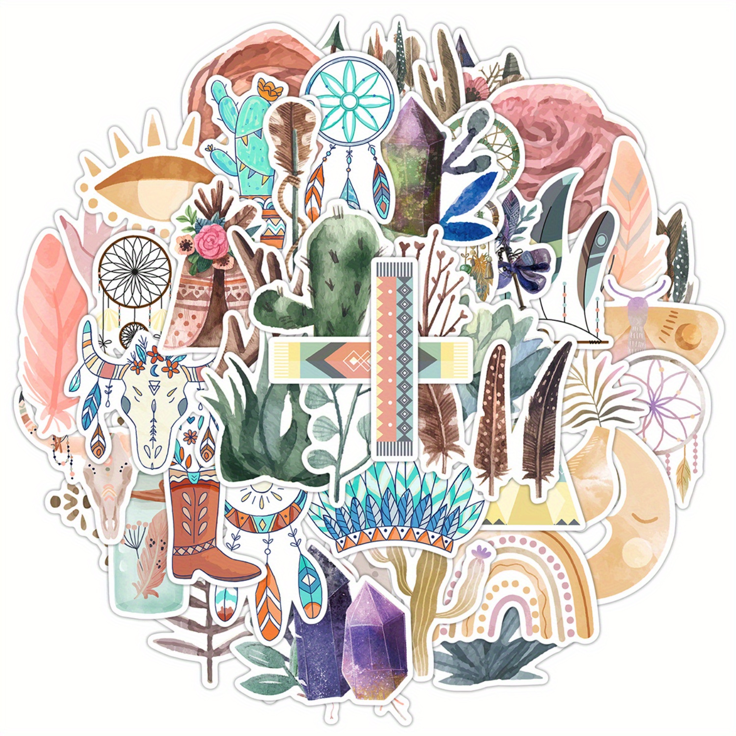50 Boho Waterproof Vinyl Stickers Cacti Vibrant Patterns Whimsical Colors
