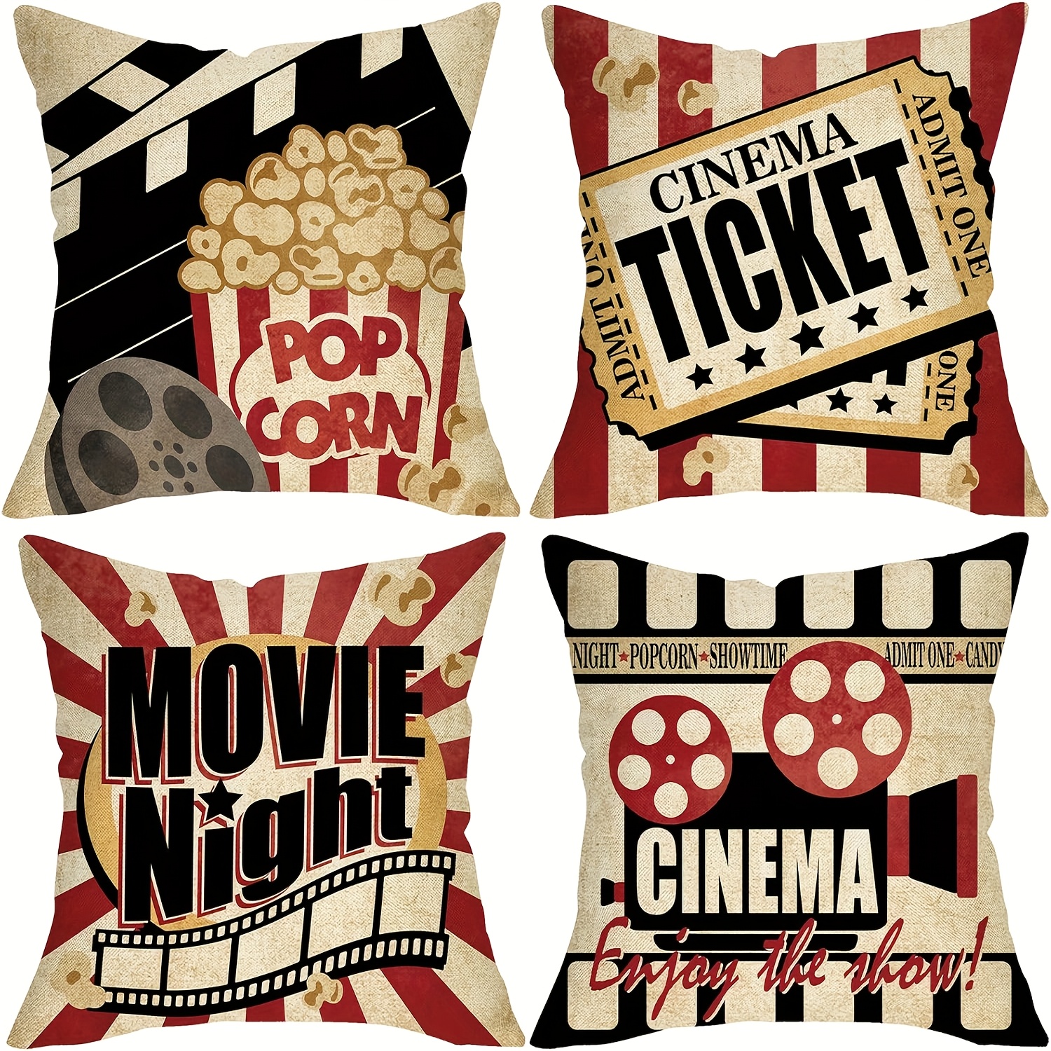 TEMU 2d Flat - Set Of 4 Vintage Cinema Style Pillow Covers With 2d Flat Printing, Featuring Nostalgic Popcorn And Movie Ticket Designs, Enhancing The