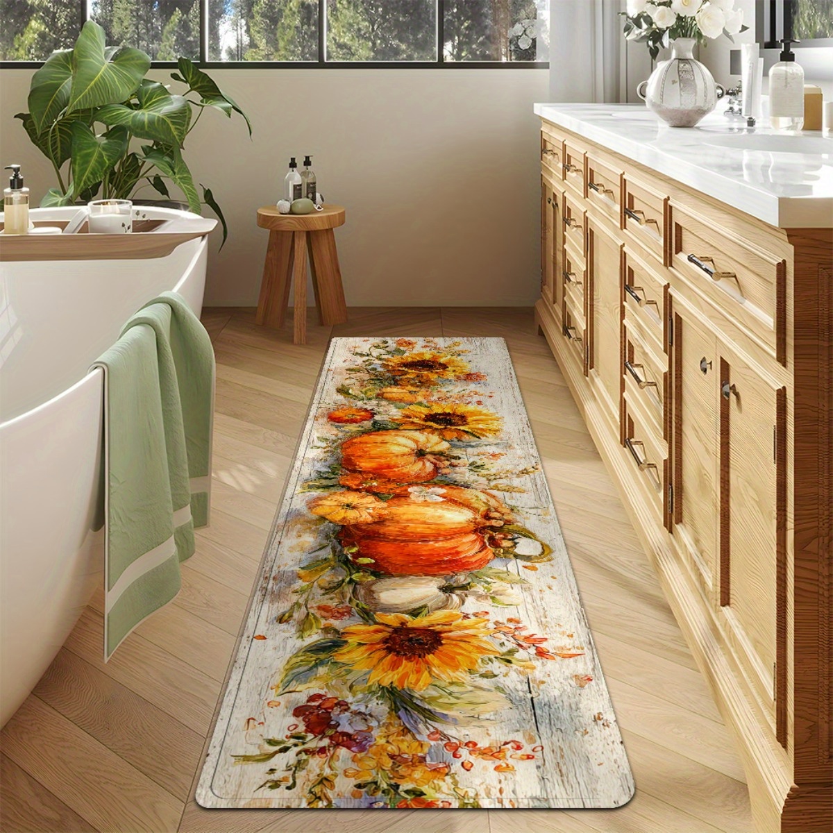 TEMU 1pc Autumn Halloween Orange And Sunflower Wood Grain Warm Pattern Hallway Runner Rug, Long Strip Rug, Bathroom Mat, Non-slip Runner Rug, Bedside
