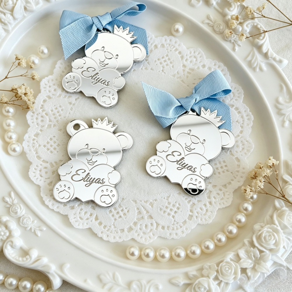 TEMU Gift For Her/him Personalized Children's Party Gift Packaging Acrylic Tag: Teddy Bear With Bow And Mirror Pendant, Self- Baby Name   Ribbon,