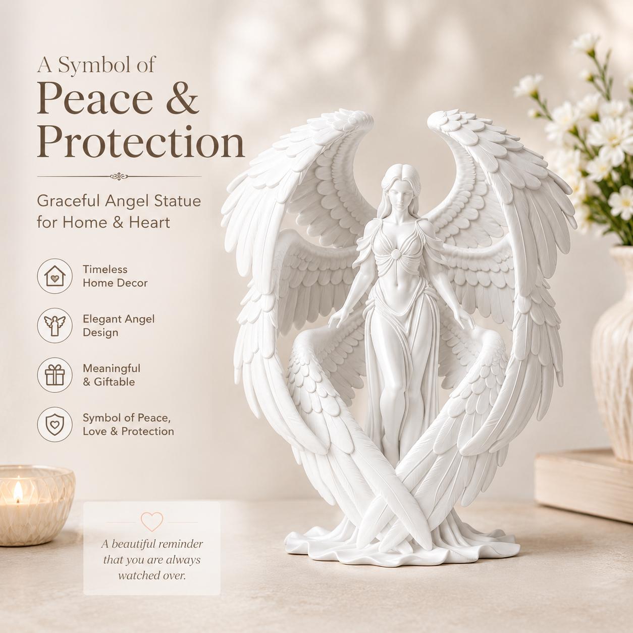 Image of Six-winged Figurine, White And Black , Detailed Standing Statue With Large Feathered And Elegant Drapery, A Love And Protection, Grace Accent For Shelves Desks And