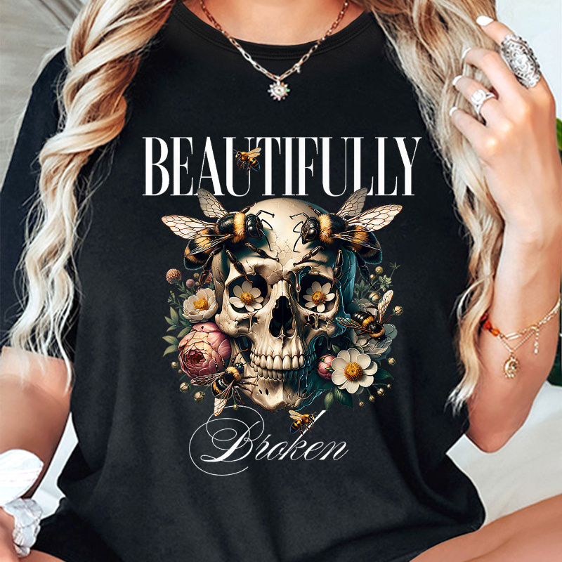 

1pc Women's Casual Round Neck Short Sleeve T-shirt With Bee Skull Floral Print, Polyester Knit Fabric, Fit