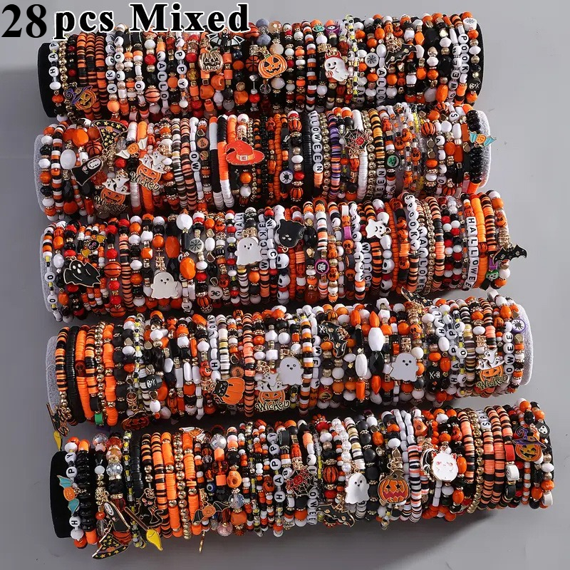 TEMU 28pcs Mixed Halloween Bead Elastic Bracelet Set - With Letter Beads, Spider Bat Pumpkin Charm Pendant, Elastic Stackable Wristband For Men And