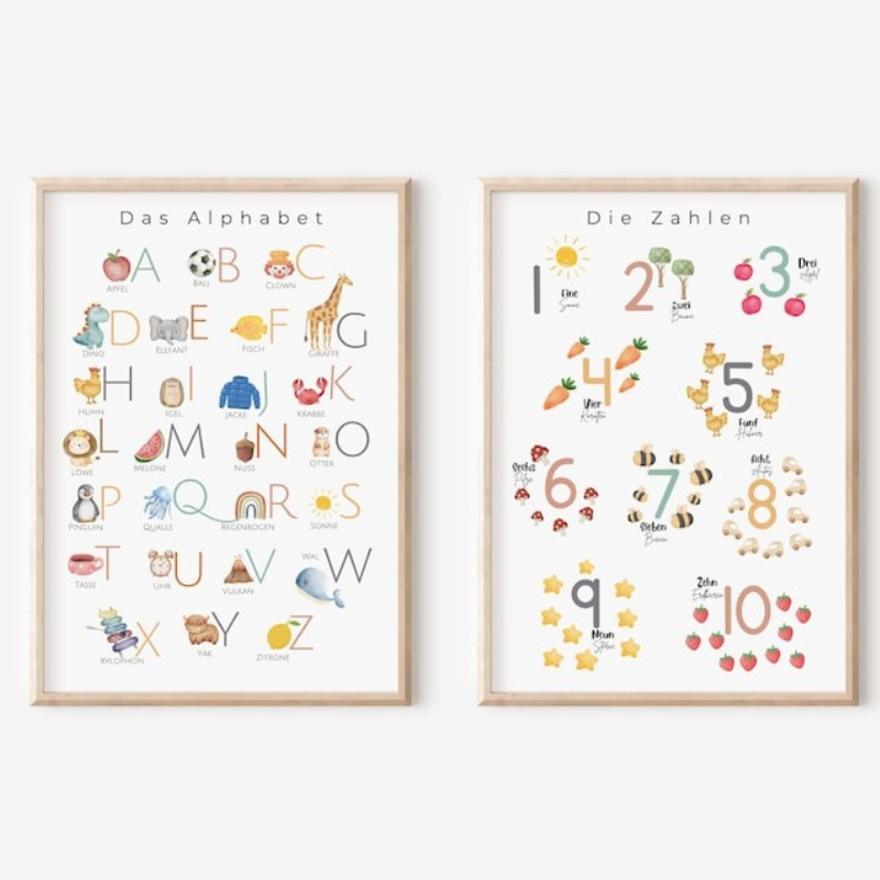 E-shop 2 Stück Rahmenlose Alphabet- & Zahlenposter 1 - Retro/Minimalistisch/Art Deco A-Z Buchstaben & 1 Zahlenkarten für Lernen, Klassenzimmer &