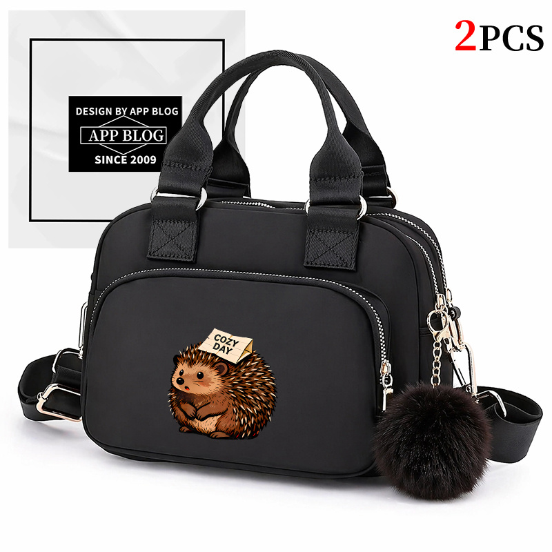 2pcs Women's Hedgehog-themed Crossbody Bag & Plush Accessory - Nylon Shoulder Handbag With Zipper Closure, Suitable For Commuting, Phone Holder, , Cute Hedgehog Pattern (/wine //)