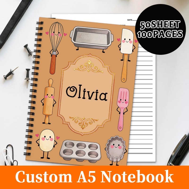 TEMU 1pc Of , Personalized Recipe Notebook Featuring Baking Tools Design, Customized With Your Text, Perfect For Family Gatherings, Parties, And