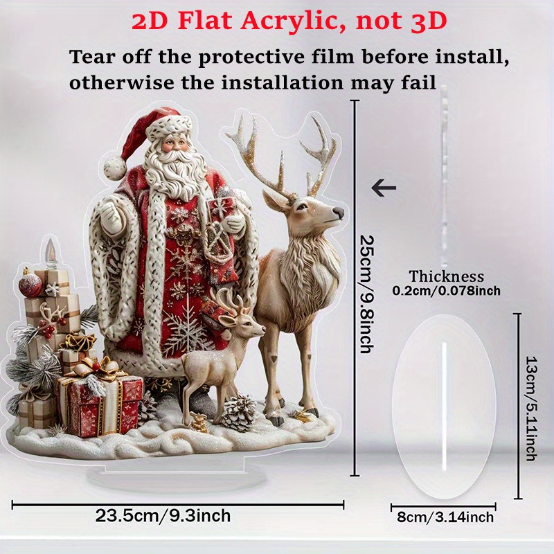TEMU 2d Flat, 2d Flat Desktop Decor, Not 3d!!! 25cm Santa And Reindeer Acrylic Decorative Sign With Stand - Christmas Holiday Tabletop Ornament