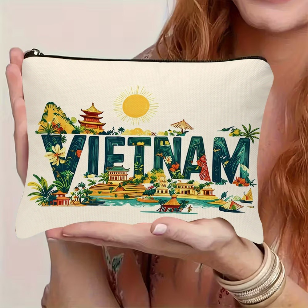 TEMU 1pc Vietnam-themed Travel Bag With Iconic Landmarks & Scenery - Vietnamese Cultural Cosmetic Suitable For Travelers, Lightweight Durable Zipper