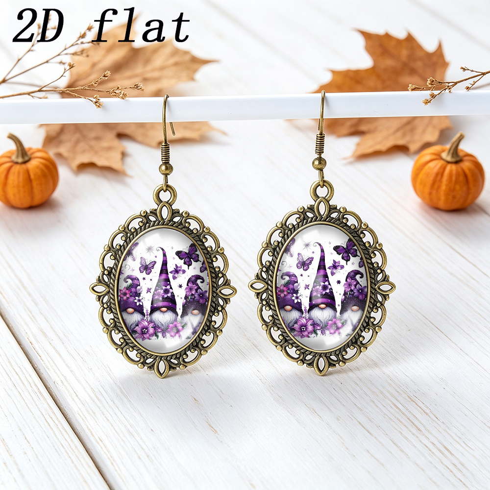 Purple Flower Butterfly Gnomes Print Vintage Lace Frame Earrings
