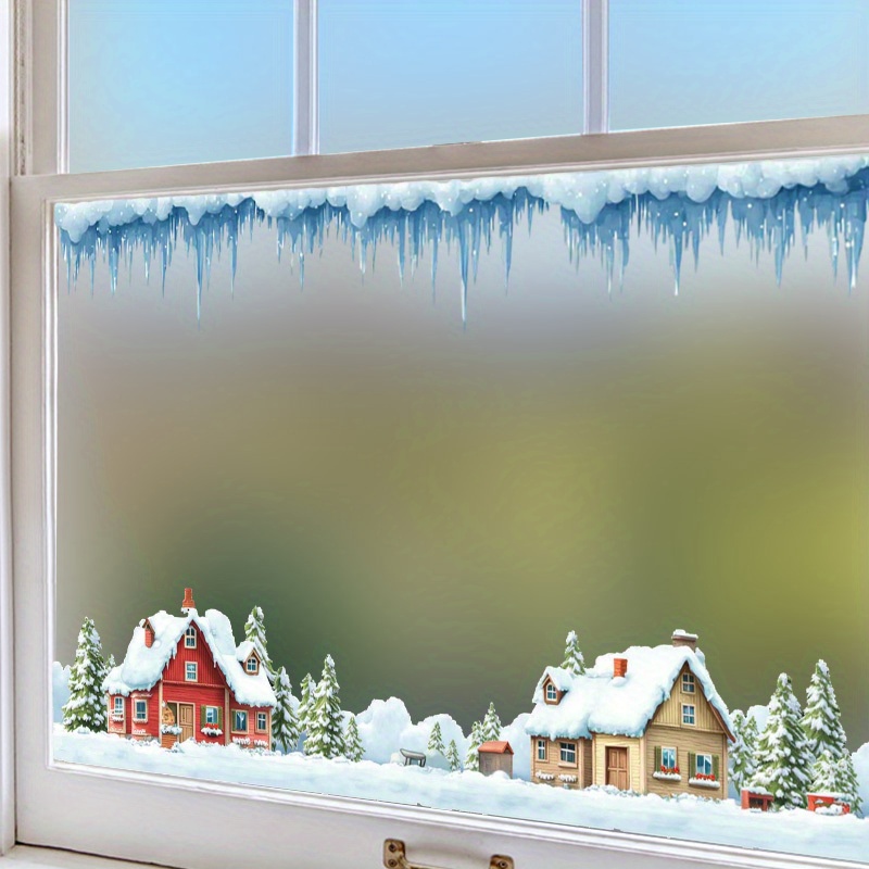 Image of Christmas Snow Scene Window Stickers, Christmas Tree And House Design Glass Stickers, Removable Pvc Window Stikcers, For Mall Window Glass Decoration Stickers, Christmas Party Decoration Supplies