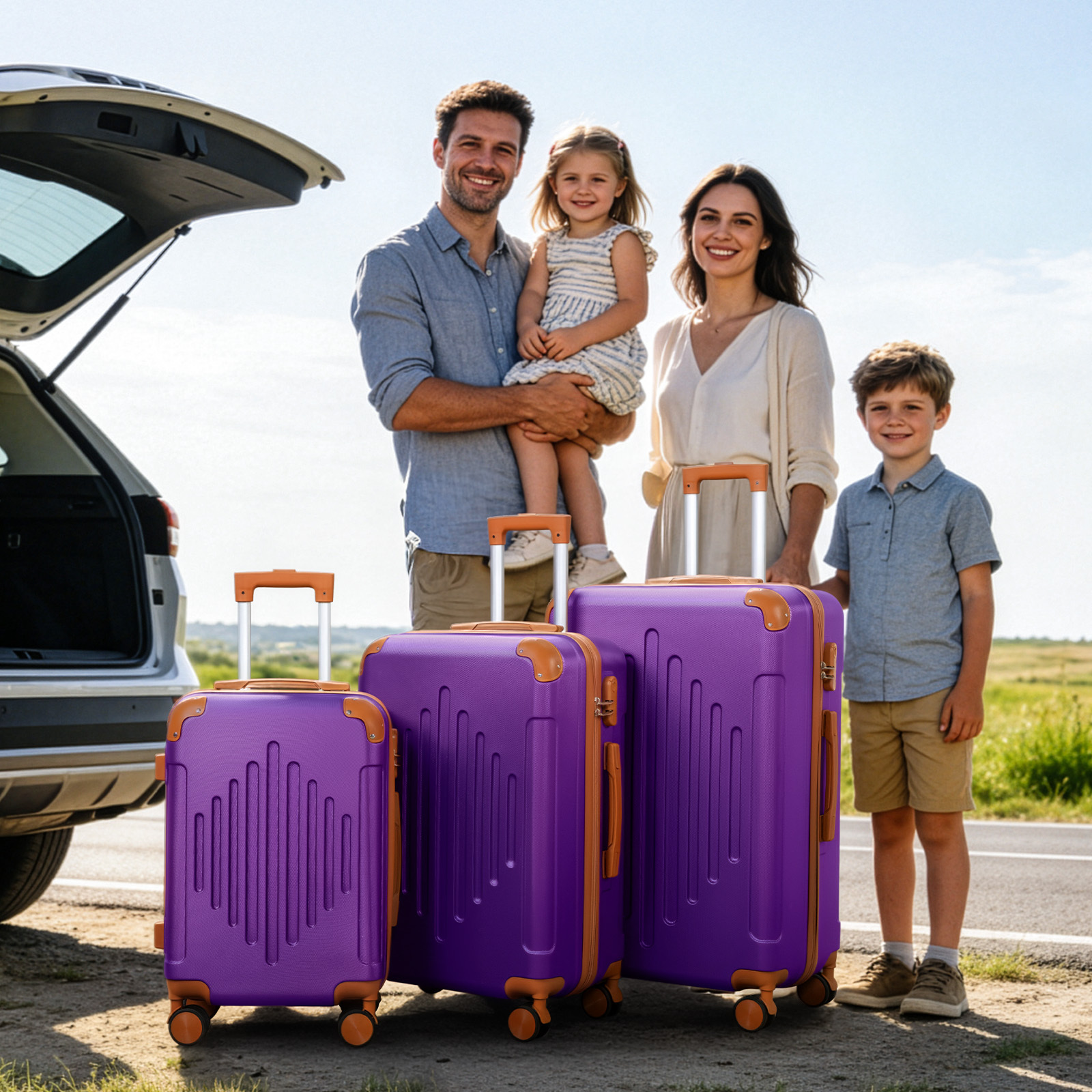 item picture 3pcs hard shell luggage set expandable lightweight hardside suitcase with 360 spinner wheels 20 24 28 inch stylish dark purple and brown travel luggage