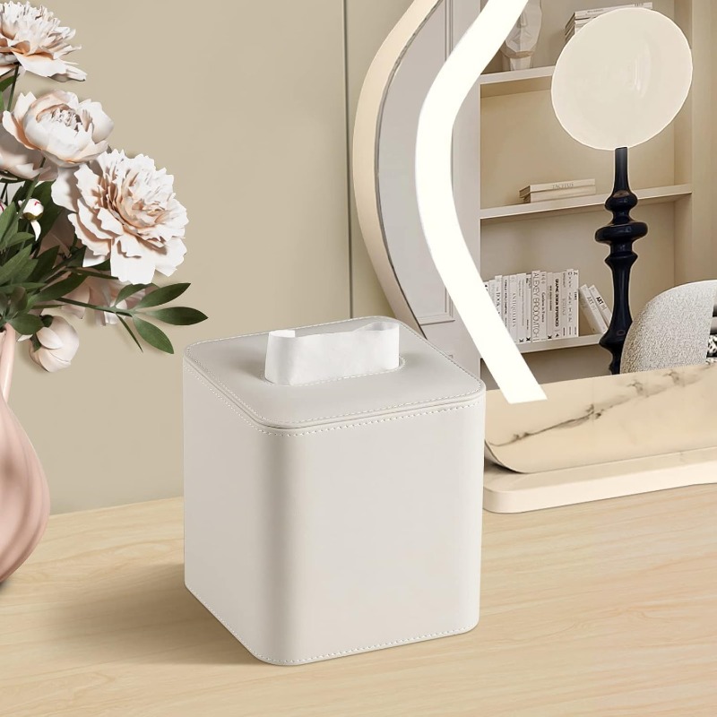   tissue box holder with magnetic closure - beige pu leather tissue case, rounded edges &  , secure magnetic lid for bathroom, living room, office - decorative & functional storage organizer, durable tissue dispenser (compatible with standard tissues) - elegant beige design,  , scratch-resistant, minimalist style for   decor, tissue box holder, facial tissue holder, tissue box cover Product details 1