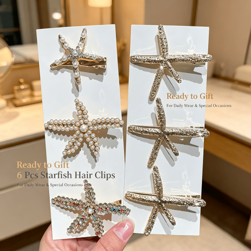 TEMU Lot de 6 pinces à cheveux de mer dorée, barrettes à cheveux sirène en strass et perles, épingles à cheveux décoratives pour frange latérale,