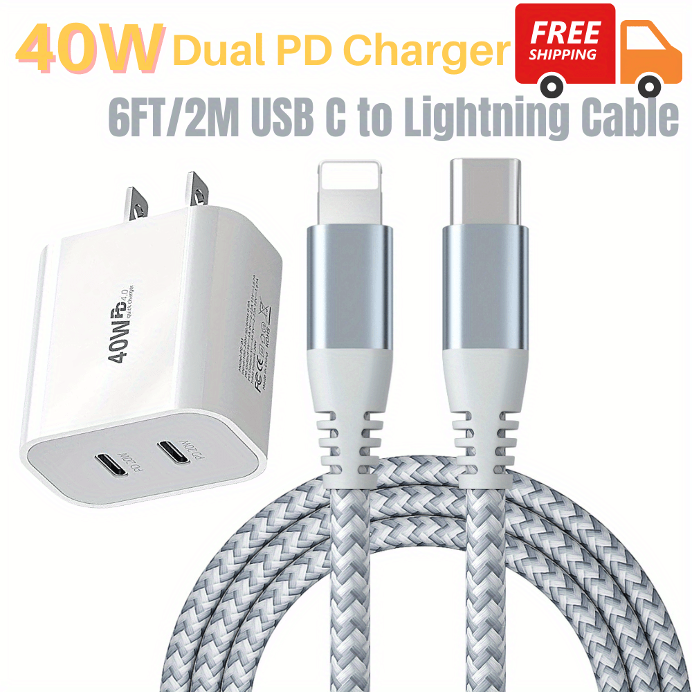 TEMU Mfi Certified 6ft Type C To Charging Data Sync Cable 40w Dual Usb C Wall Charger Block For Iphone 14 13 12 11 Pro Max Xs Xr X 8 For Ipad