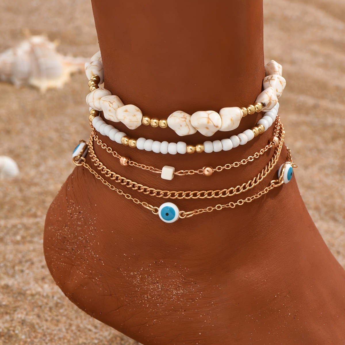 TEMU Juego de 5 tobilleras de estilo bohemio transfronterizo, cuentas de semilla de calidad, doradas, joyería de pie de playa versátil y lujosa,