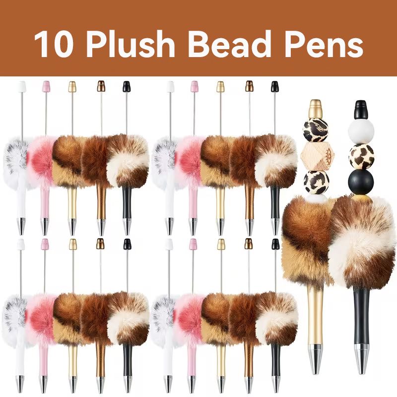 TEMU 10 Fluffy Bead Pens, 5 Colors Leopard Print Bead Pens, Diy Plastic Bead Pens, Cute Pen Holders, Black Ink Ballpoint Pens, Diy Pens, Decorative