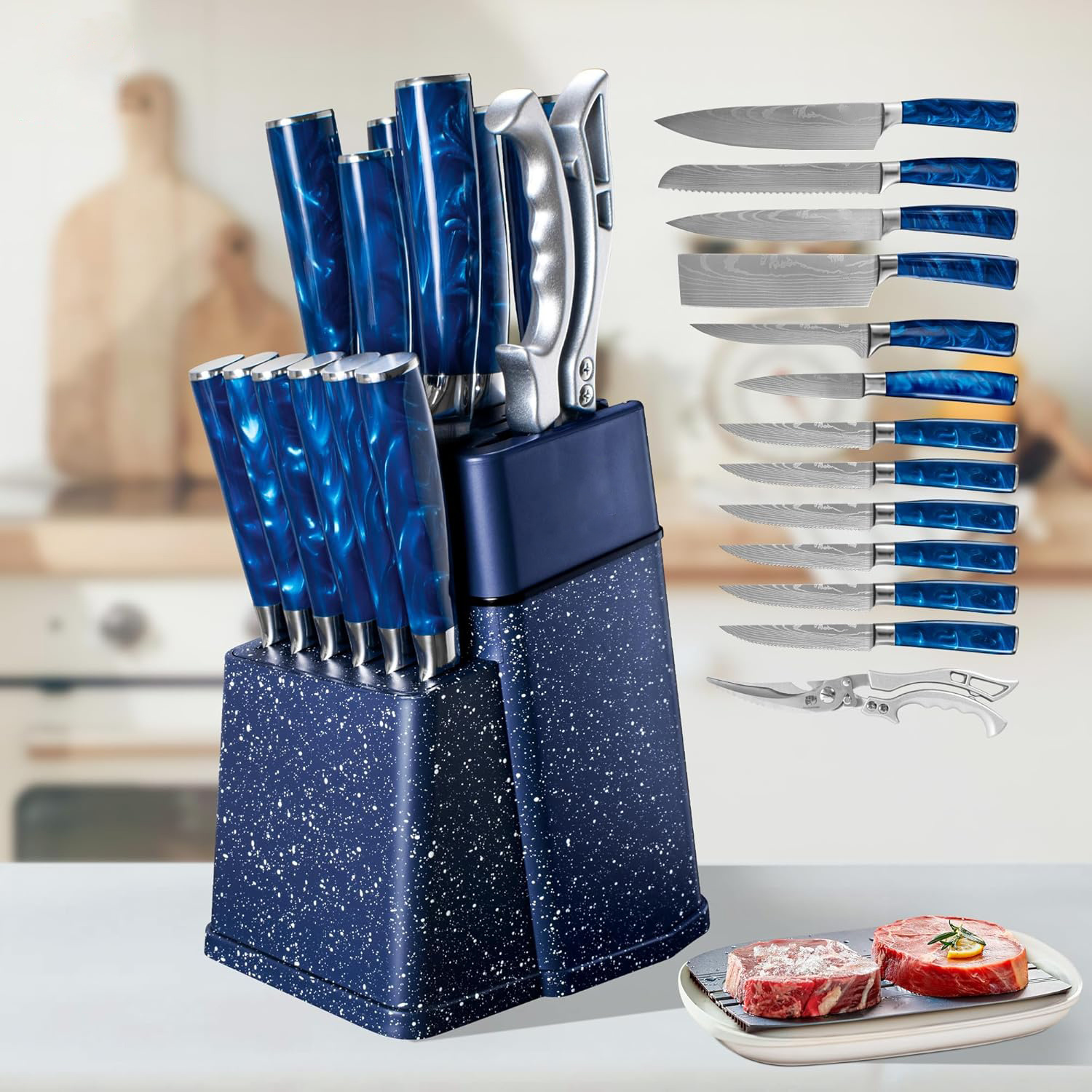 Perfect Gift| Professional 14pcs Chef's Knife Set with a Knife Block| Stainless Steel 15° Sharp Blade for Effortless Cutting; Ergonomic Non-slip Handle for Precise and Effortless Control