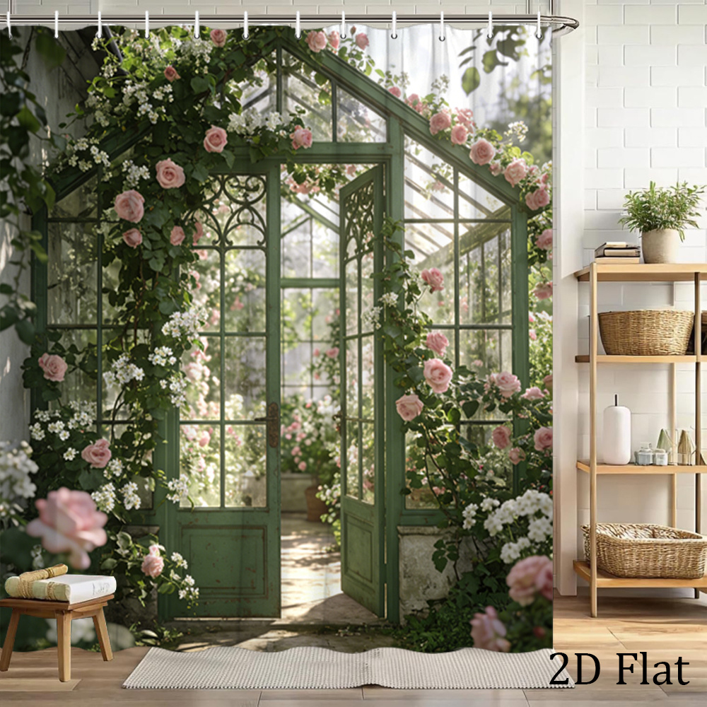 TEMU 2d Flat, 1pc & White Floral Shower Curtain With Hooks - Elegant Greenhouse Botanical Bathroom Decor Curtain Suitable For Bath Tub Enclosure,