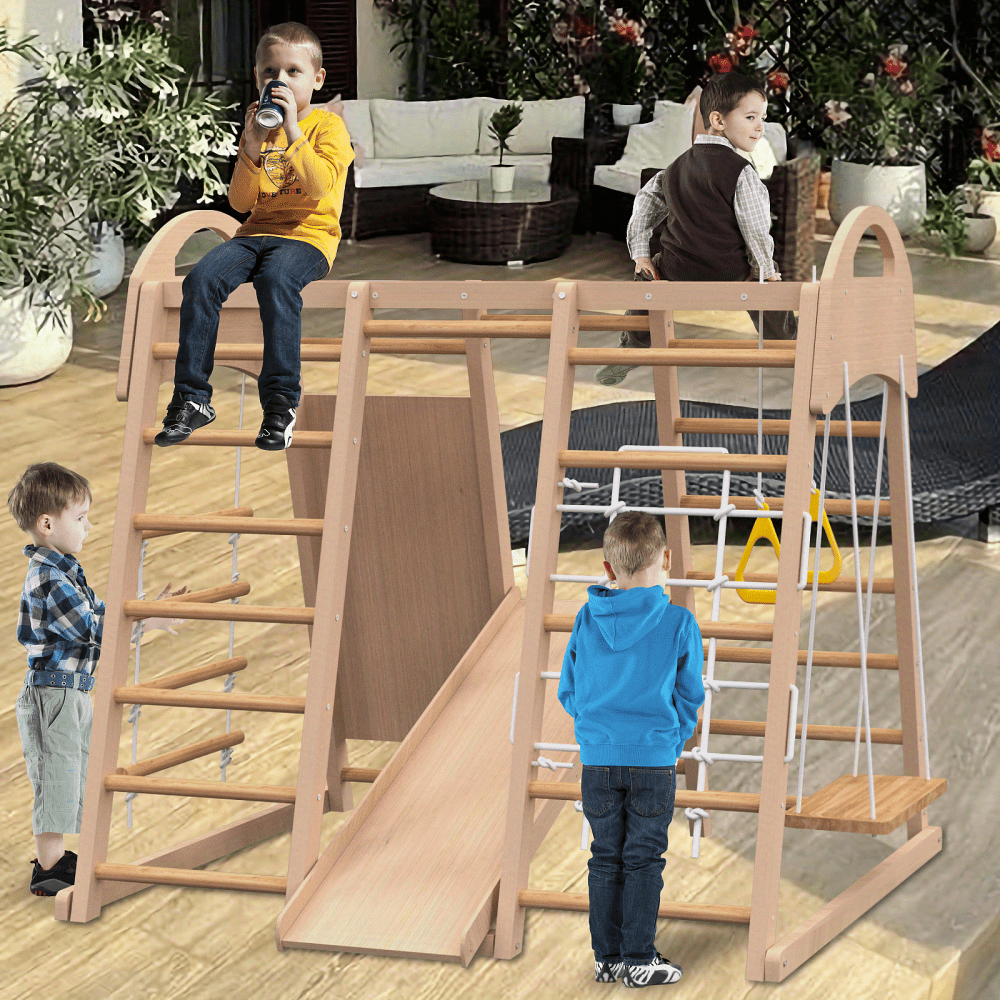 Indoor Play Gym Playset with Swing, Slide, Ladder, and Climbing  Wall Foldable Wooden Playset Indoor for Kid