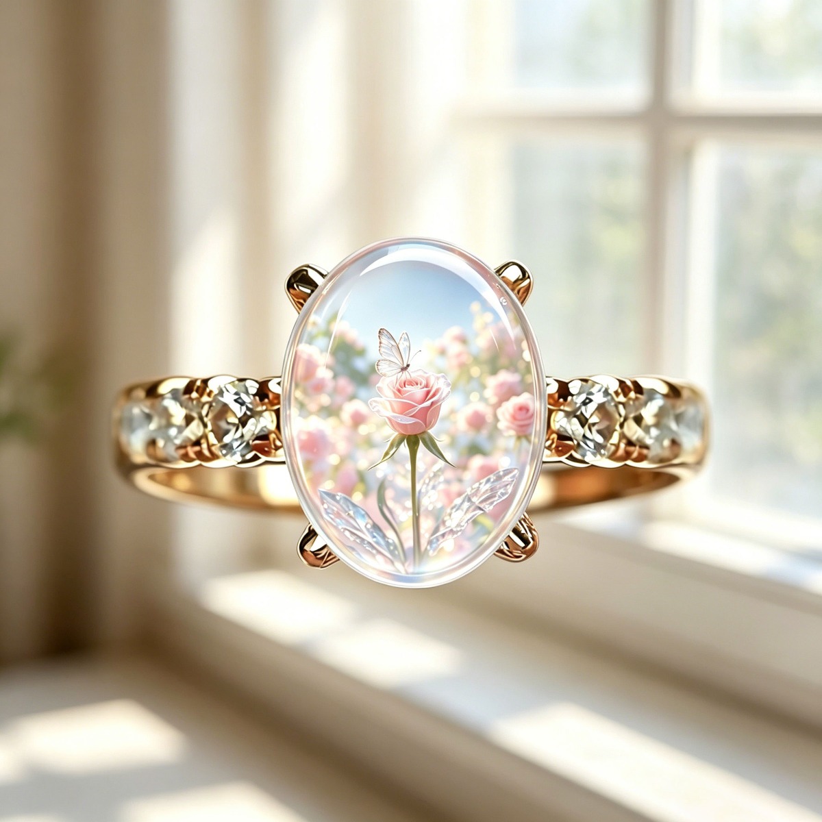 Elegant Pink Rose Patterned Women's Fashion Ring, Hypoallergenic