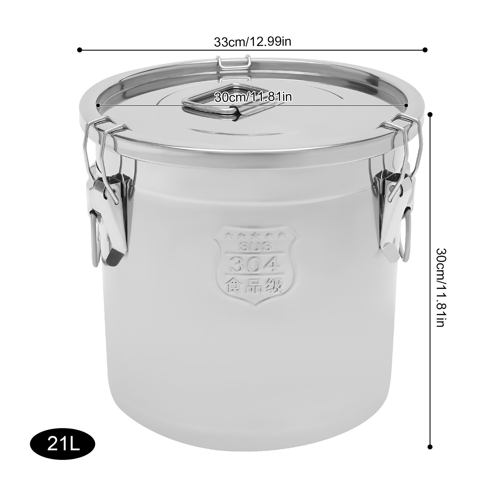 21-litre (4.62-gallon) 304 Stainless Steel Storage Container With Lid, Featuring 3 Lids, Side Handles And A Large Capacity