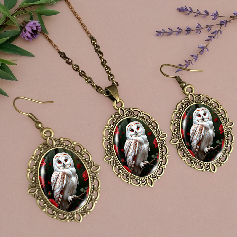 3pcs Rose White Owl Necklace & Earring Set
