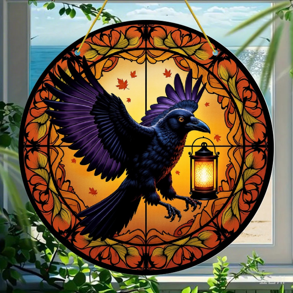 item picture 2d flat 1pc   crow lantern wall decor round acrylic sun catcher panel suitable for living room gothic lantern panel for hallway studio mysterious home gift 8 inch diameter 2d flat plane hanging decoration 2d flat
