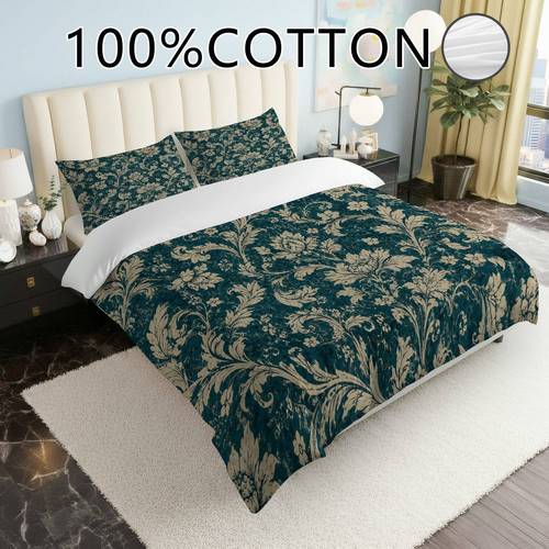item picture 2d flat printing 3pcs all cotton digital printed duvet cover set 1pc duvet cover and 2pcs pillowcases without filler teal beige damask pattern 100 cotton