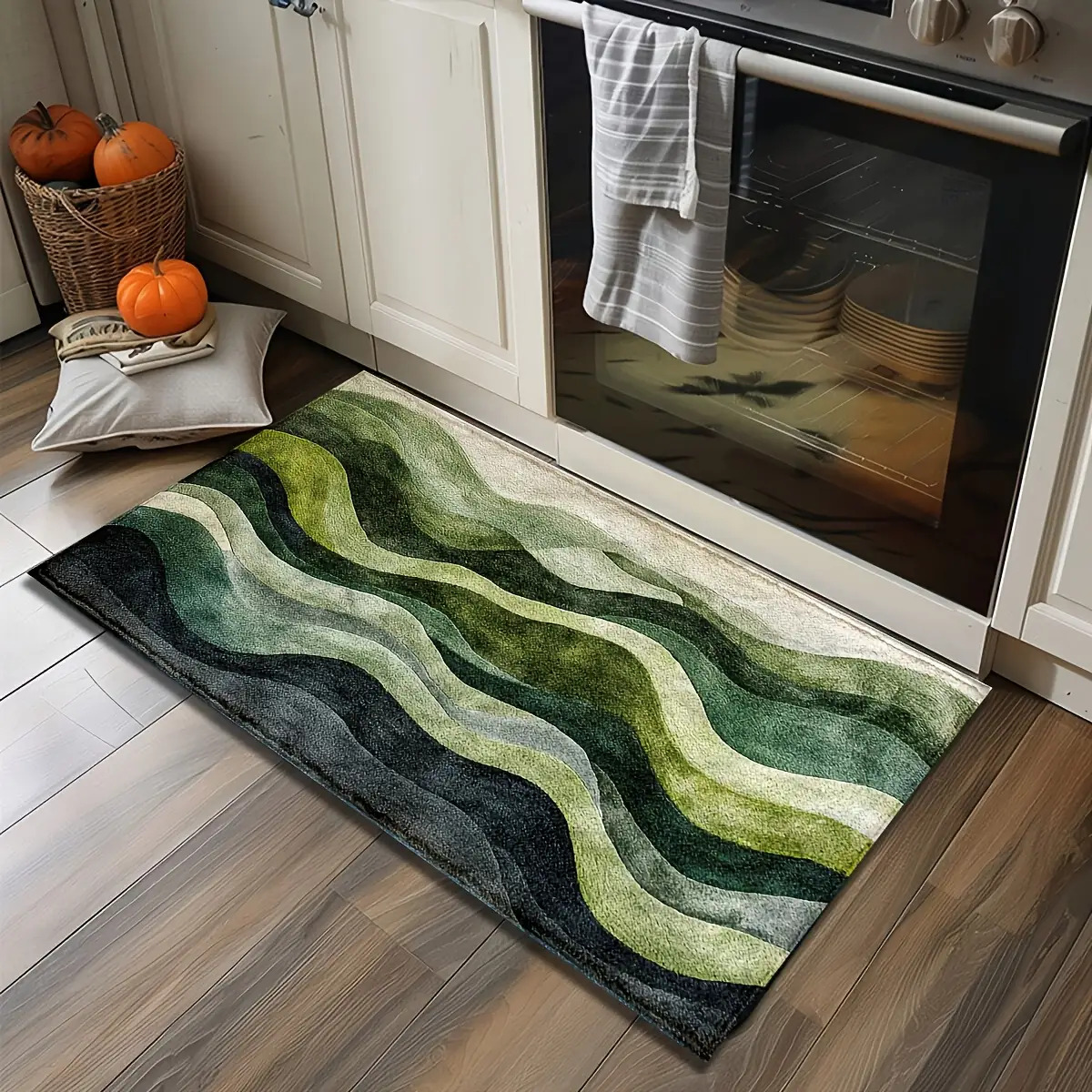 TEMU Green 1pc Gradient Wave Pattern Doormat - Absorbent Non-slip Rectangular Entry Mat With Green/beige/black Design, Soft Flannel Texture, Hand