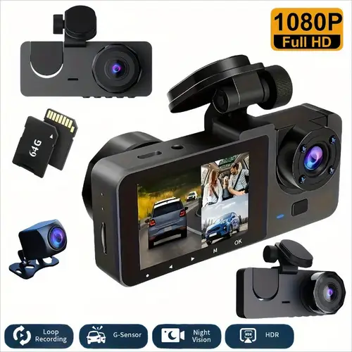 3 channel dash cam 1080p full hd car camera with front and rear view free 64gb sd card night 24 hour parking mode wdr motion detection loop recording hdr perfect gift for drivers dash camera for cars