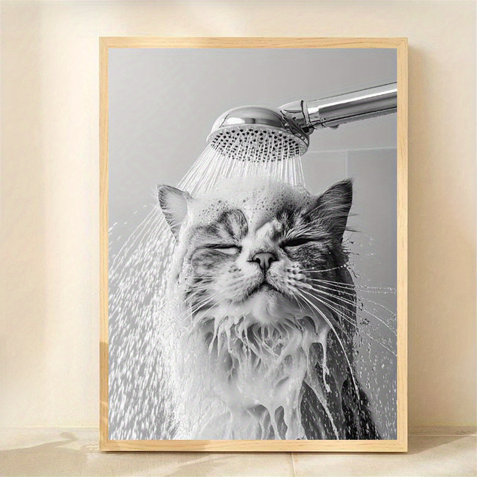 TEMU 2d Flat, 2d Flat, 30.48x40.64 Cm Frameless Cat Shower Canvas Artwork - Monochrome Humorous Wall Decoration For Bathroom, Home, Office, Or Café -